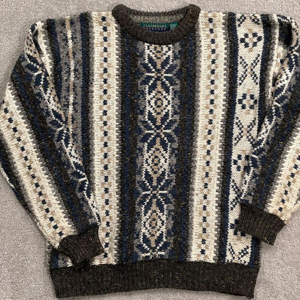 Claybrooke‎ Sweater Mens M Gray Blue Tan Ivory Snowflake Stripe  Ski 80s VTG